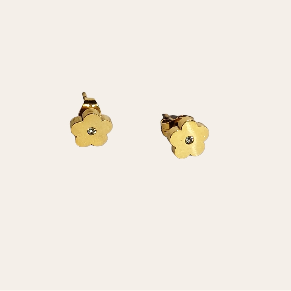 Gold Flower Stud Earrings with Clear Crystal Center